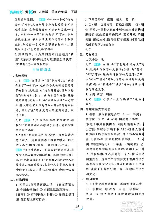 北京教育出版社2024年春亮点给力提优班六年级语文下册江苏版答案
