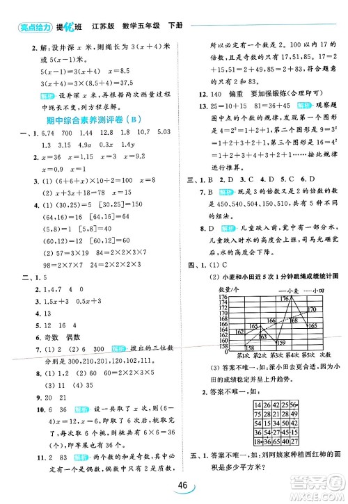 北京教育出版社2024年春亮点给力提优班五年级数学下册江苏版答案