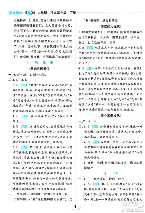 北京教育出版社2024年春亮点给力提优班五年级语文下册江苏版答案