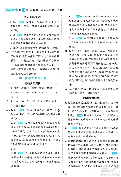 北京教育出版社2024年春亮点给力提优班五年级语文下册江苏版答案