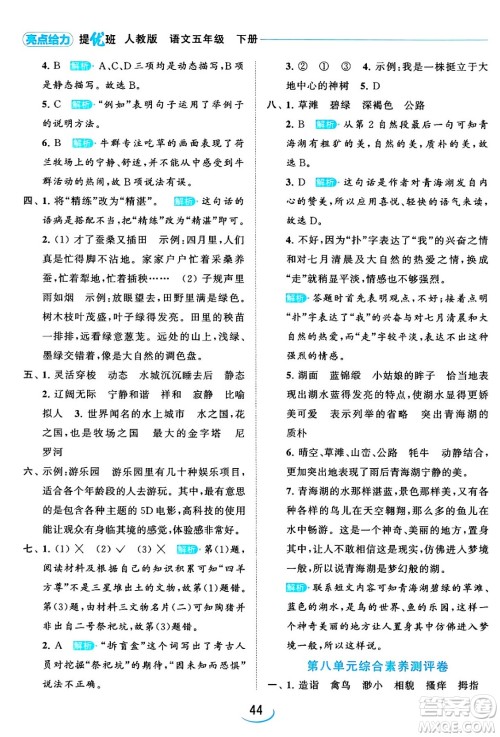 北京教育出版社2024年春亮点给力提优班五年级语文下册江苏版答案