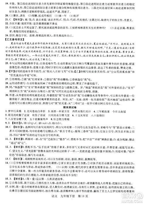 安徽师范大学出版社2024年春课时夺冠九年级语文下册人教版答案