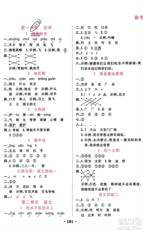 吉林教育出版社2024年春一对一同步精练测评一年级语文下册人教版参考答案 吉林教育出版社2024年春一对一同步精练测评一年级语文下册人教版参考答案