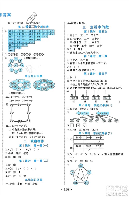 吉林教育出版社2024年春一对一同步精练测评一年级数学下册北师大版参考答案