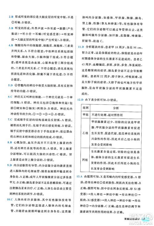 西安出版社2024年春53初中全优卷七年级生物下册人教版答案