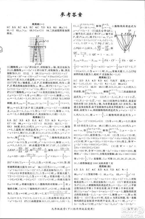 新疆青少年出版社2024年春原创新课堂九年级数学下册华师大版参考答案