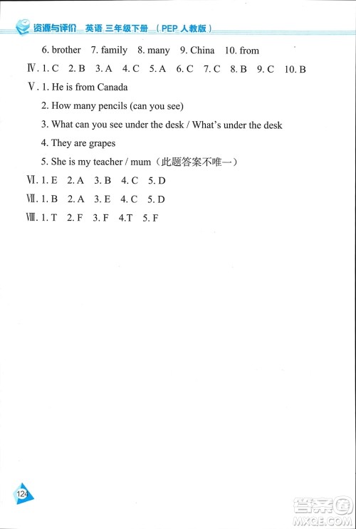 黑龙江教育出版社2024年春资源与评价三年级英语下册人教版黑龙江专版参考答案 黑龙江教育出版社2024年春资源与评价三年级英语下册人教版黑龙江专版参考答案