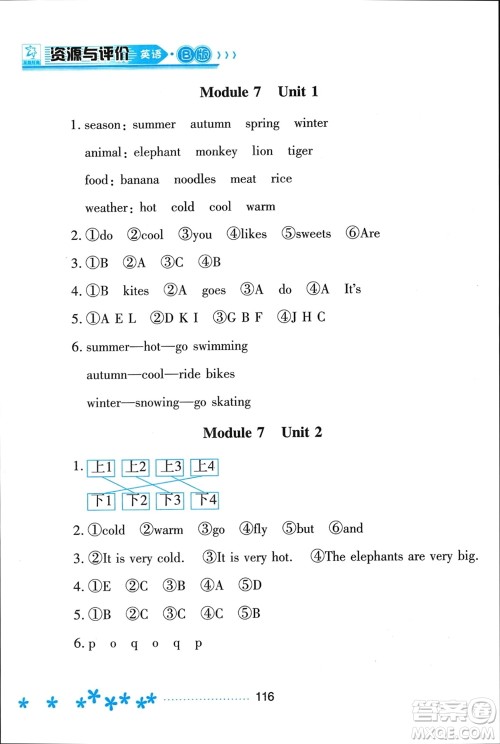 黑龙江教育出版社2024年春资源与评价三年级英语下册外研版黑龙江专版参考答案