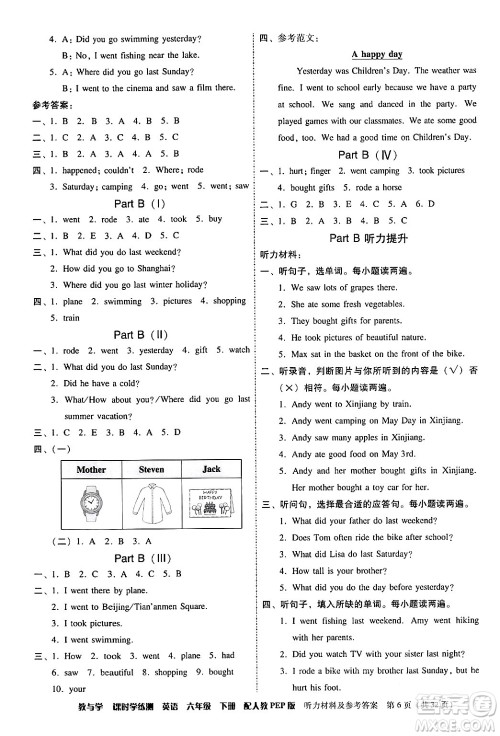安徽人民出版社2024年春教与学课时学练测六年级英语下册人教PEP版答案
