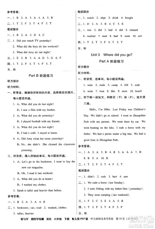 安徽人民出版社2024年春教与学课时学练测六年级英语下册人教PEP版答案