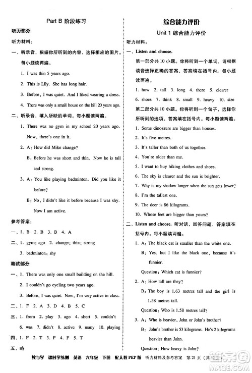 安徽人民出版社2024年春教与学课时学练测六年级英语下册人教PEP版答案
