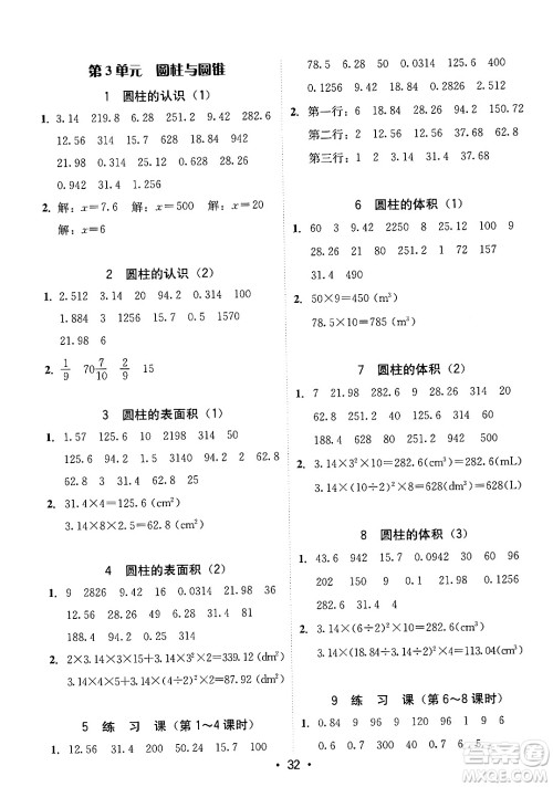 安徽人民出版社2024年春教与学课时学练测六年级数学下册人教版答案