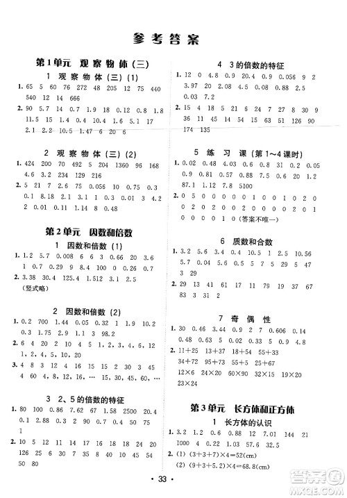 安徽人民出版社2024年春教与学课时学练测五年级数学下册人教版答案