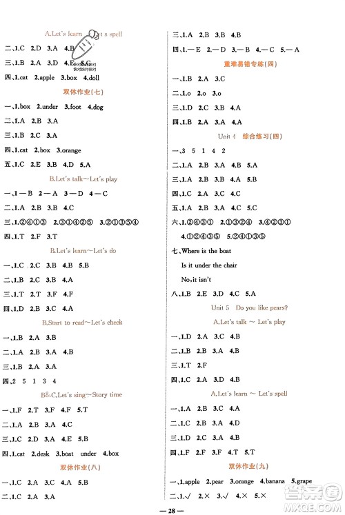 吉林教育出版社2024年春先锋课堂三年级英语下册人教版参考答案