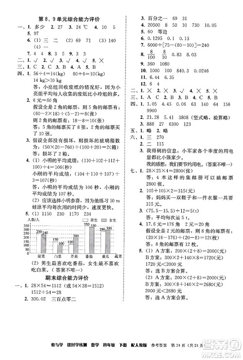 安徽人民出版社2024年春教与学课时学练测四年级数学下册人教版答案