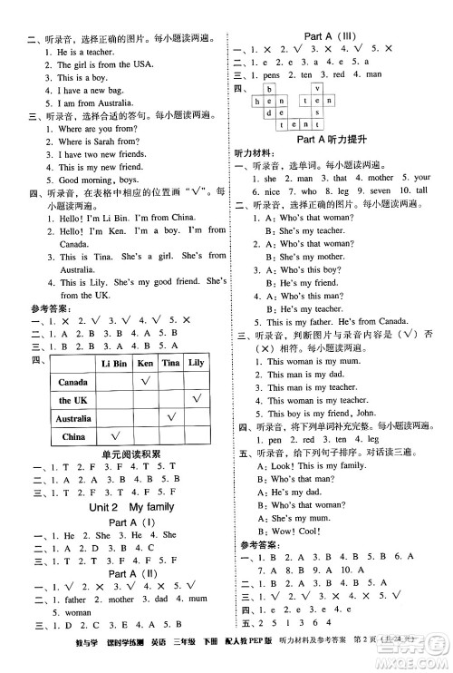 安徽人民出版社2024年春教与学课时学练测三年级英语下册人教PEP版答案
