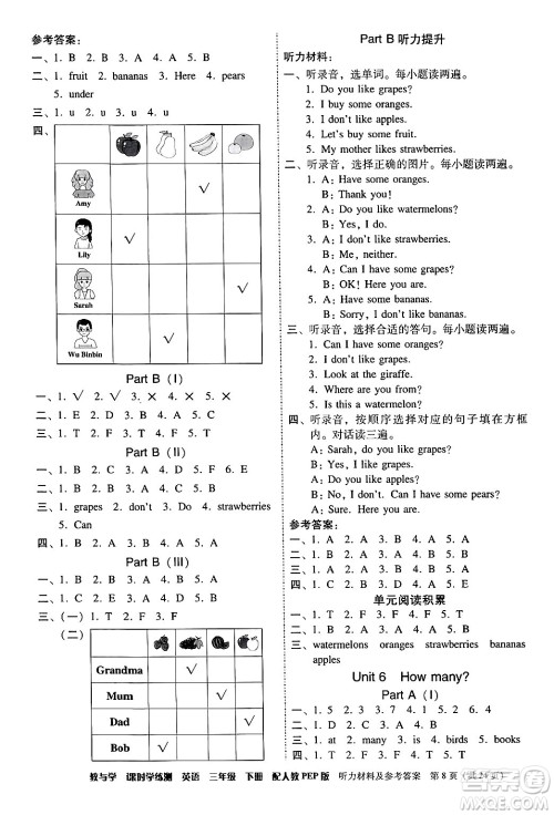 安徽人民出版社2024年春教与学课时学练测三年级英语下册人教PEP版答案