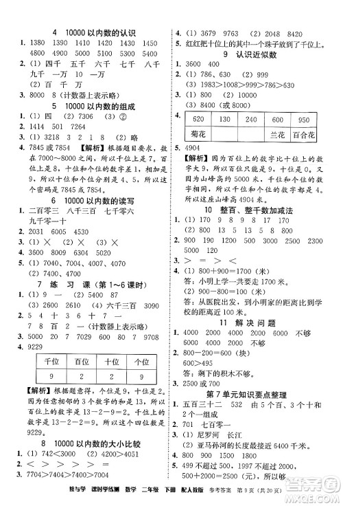 安徽人民出版社2024年春教与学课时学练测二年级数学下册人教版答案