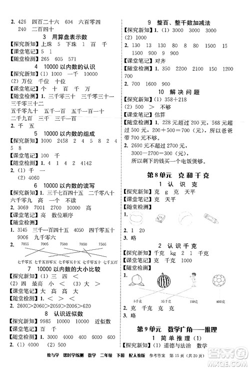 安徽人民出版社2024年春教与学课时学练测二年级数学下册人教版答案