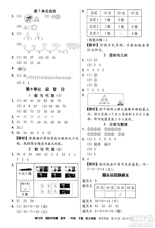 安徽人民出版社2024年春教与学课时学练测一年级数学下册人教版答案