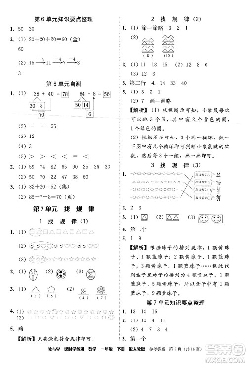 安徽人民出版社2024年春教与学课时学练测一年级数学下册人教版答案