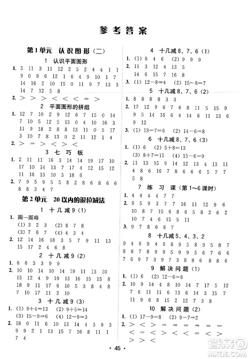 安徽人民出版社2024年春教与学课时学练测一年级数学下册人教版答案