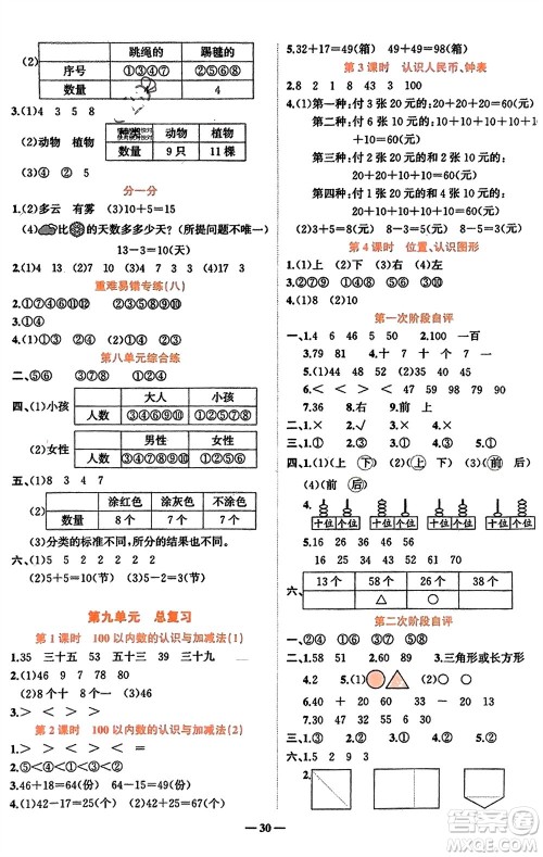 吉林教育出版社2024年春先锋课堂一年级数学下册西师版参考答案