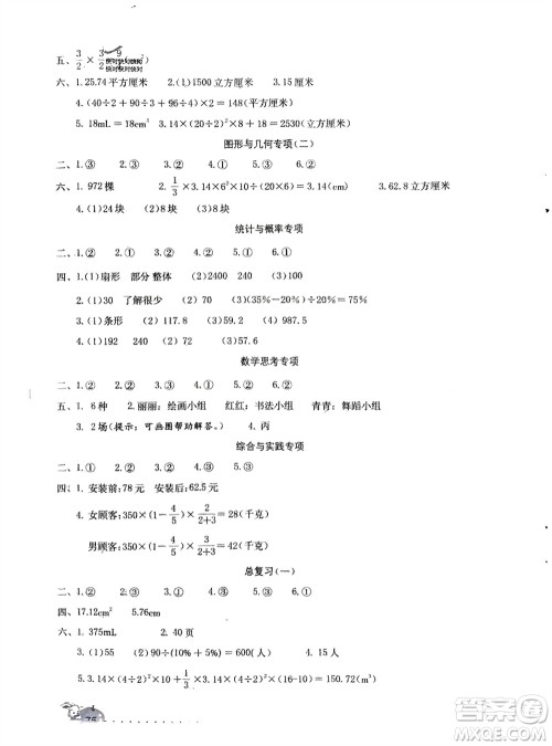 海燕出版社2024年春数学学习与巩固测试卷六年级下册人教版参考答案