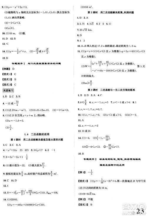 浙江教育出版社2024年春自主高效练九年级数学全一册浙教版答案