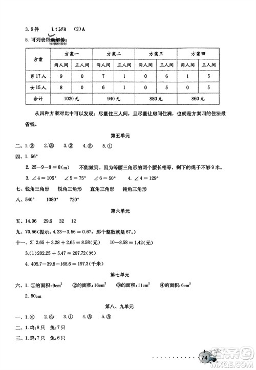 海燕出版社2024年春数学学习与巩固测试卷四年级下册人教版参考答案
