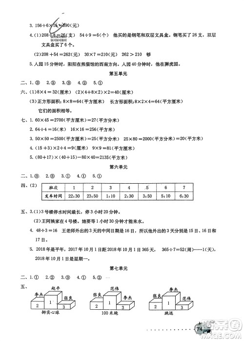 海燕出版社2024年春数学学习与巩固测试卷三年级下册人教版参考答案