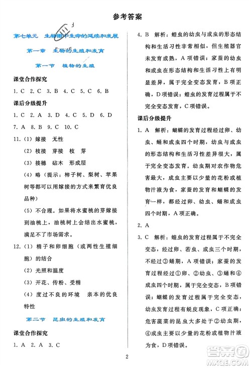 人民教育出版社2024年春同步轻松练习八年级生物下册人教版参考答案