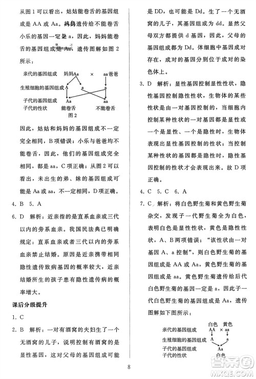 人民教育出版社2024年春同步轻松练习八年级生物下册人教版参考答案