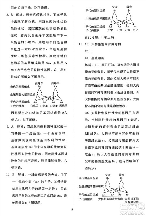 人民教育出版社2024年春同步轻松练习八年级生物下册人教版参考答案