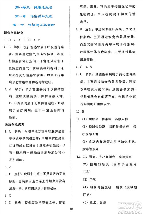 人民教育出版社2024年春同步轻松练习八年级生物下册人教版参考答案