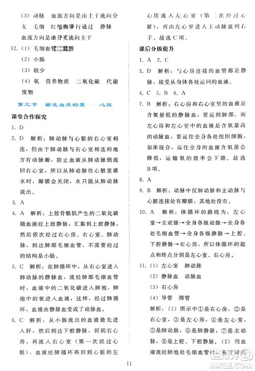 人民教育出版社2024年春同步轻松练习七年级生物下册人教版参考答案