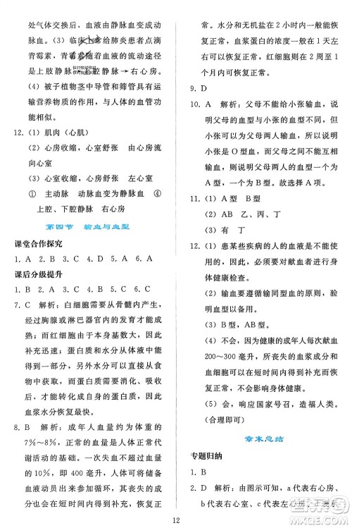 人民教育出版社2024年春同步轻松练习七年级生物下册人教版参考答案