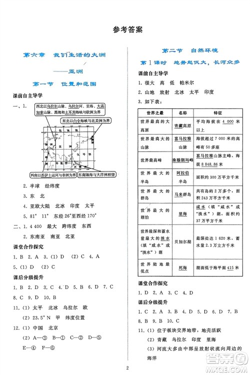 人民教育出版社2024年春同步轻松练习七年级地理下册人教版辽宁专版参考答案