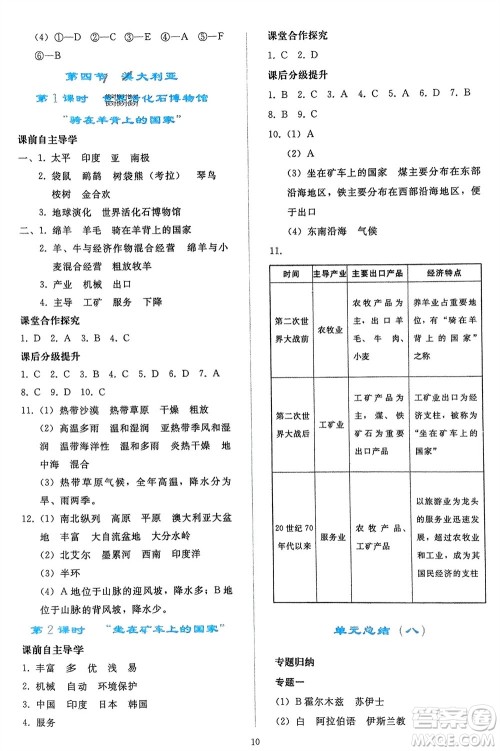 人民教育出版社2024年春同步轻松练习七年级地理下册人教版辽宁专版参考答案