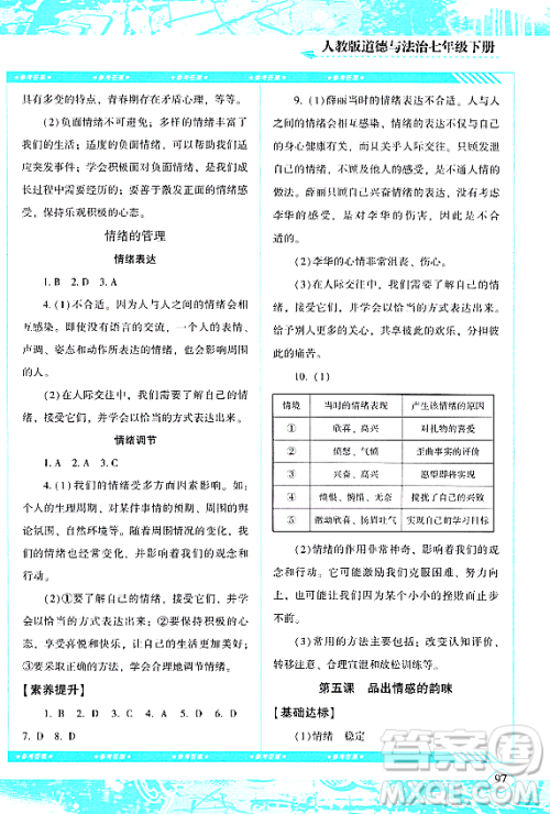 湖南少年儿童出版社2024年春同步实践评价课程基础训练七年级道德与法治下册人教版答案