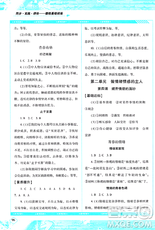 湖南少年儿童出版社2024年春同步实践评价课程基础训练七年级道德与法治下册人教版答案