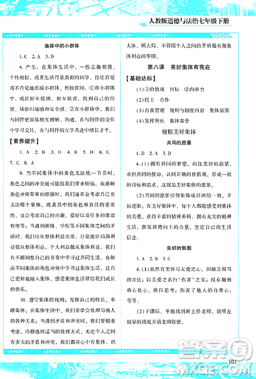 湖南少年儿童出版社2024年春同步实践评价课程基础训练七年级道德与法治下册人教版答案