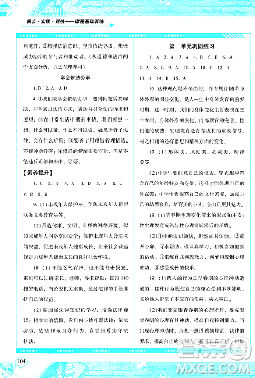 湖南少年儿童出版社2024年春同步实践评价课程基础训练七年级道德与法治下册人教版答案