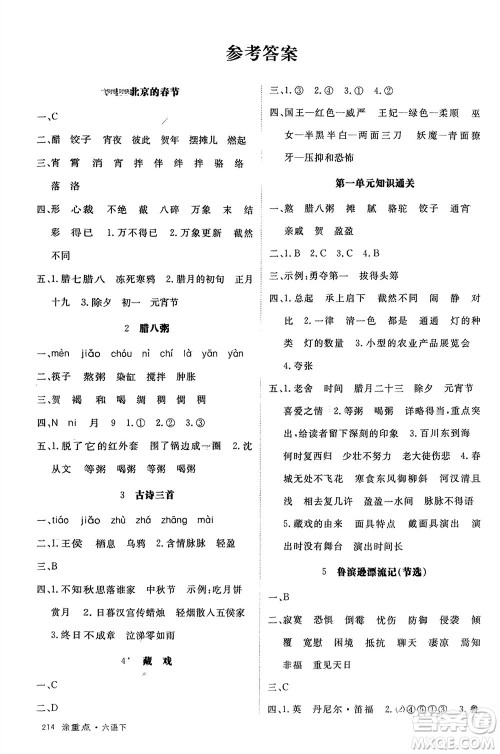 宁夏人民教育出版社2024年春新领程涂重点六年级语文下册通用版参考答案