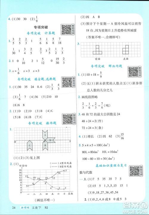 延边大学出版社2024年春新领程五年级数学下册人教版参考答案