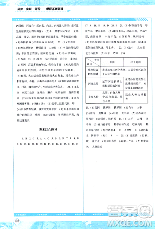 湖南少年儿童出版社2024年春同步实践评价课程基础训练七年级地理下册人教版答案