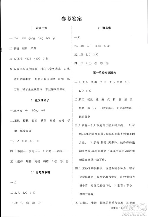 宁夏人民教育出版社2024年春新领程涂重点五年级语文下册通用版参考答案