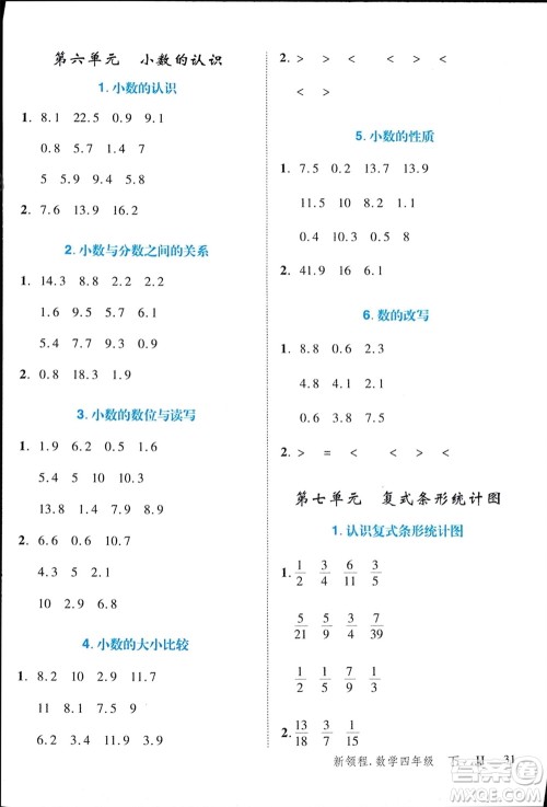 合肥工业大学出版社2024年春新领程四年级数学下册冀教版参考答案