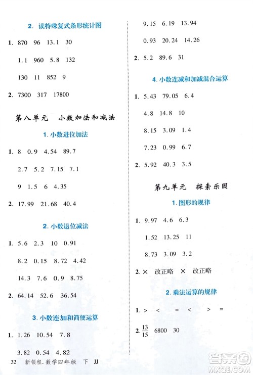 合肥工业大学出版社2024年春新领程四年级数学下册冀教版参考答案