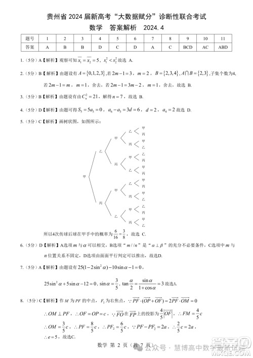 2024届贵州高三4月新高考大数据赋分诊断性联合考试数学试题答案